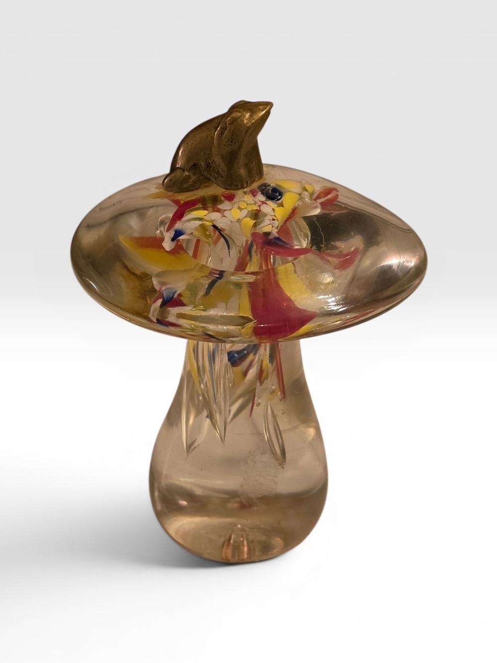 Art Glass Lenwile Ardalt Mushroom Paperweight with Brass Frog - Picture 1 of 6